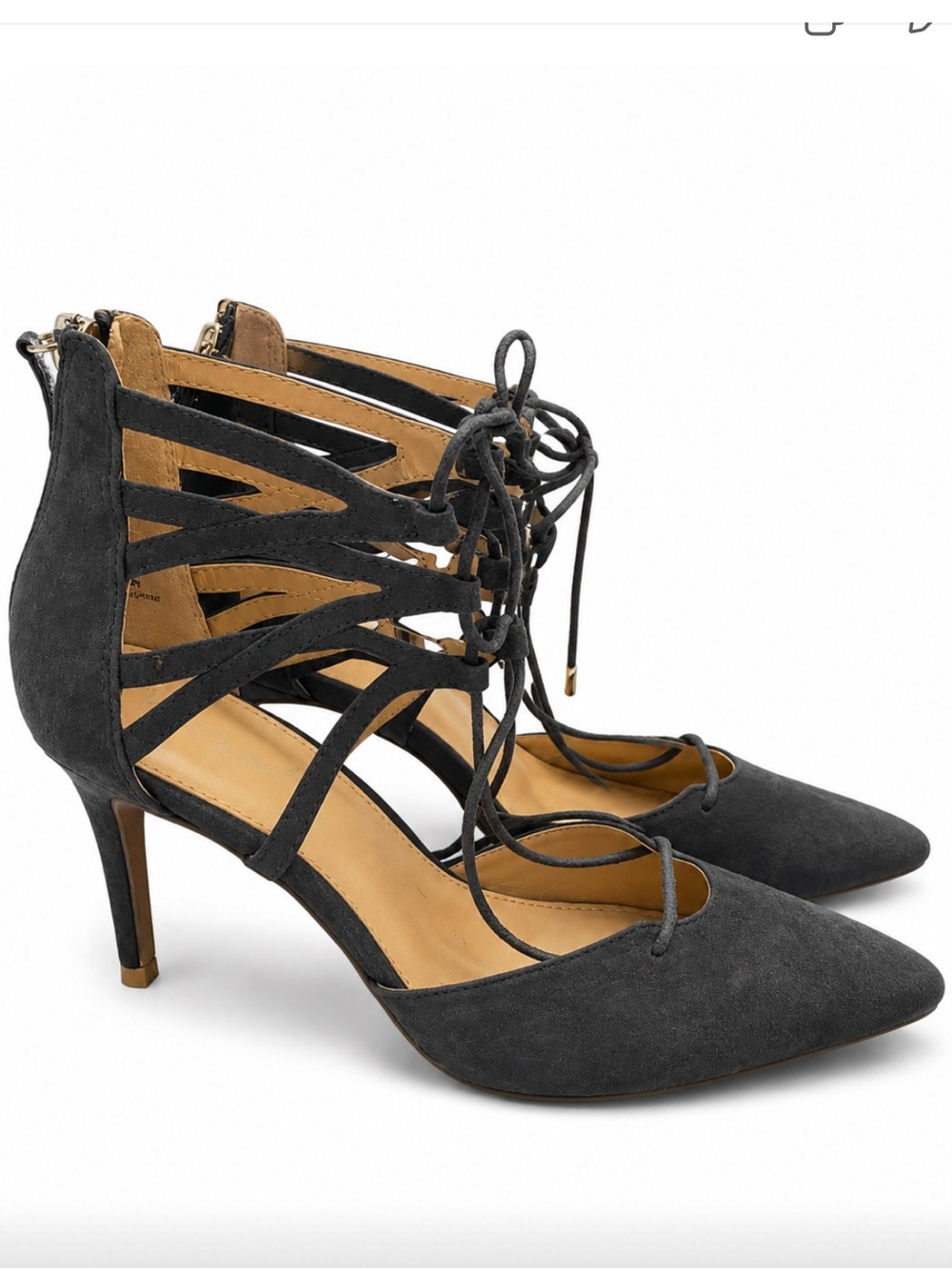 Lace-Up Pointed Toe Heels in Charcoal Suede